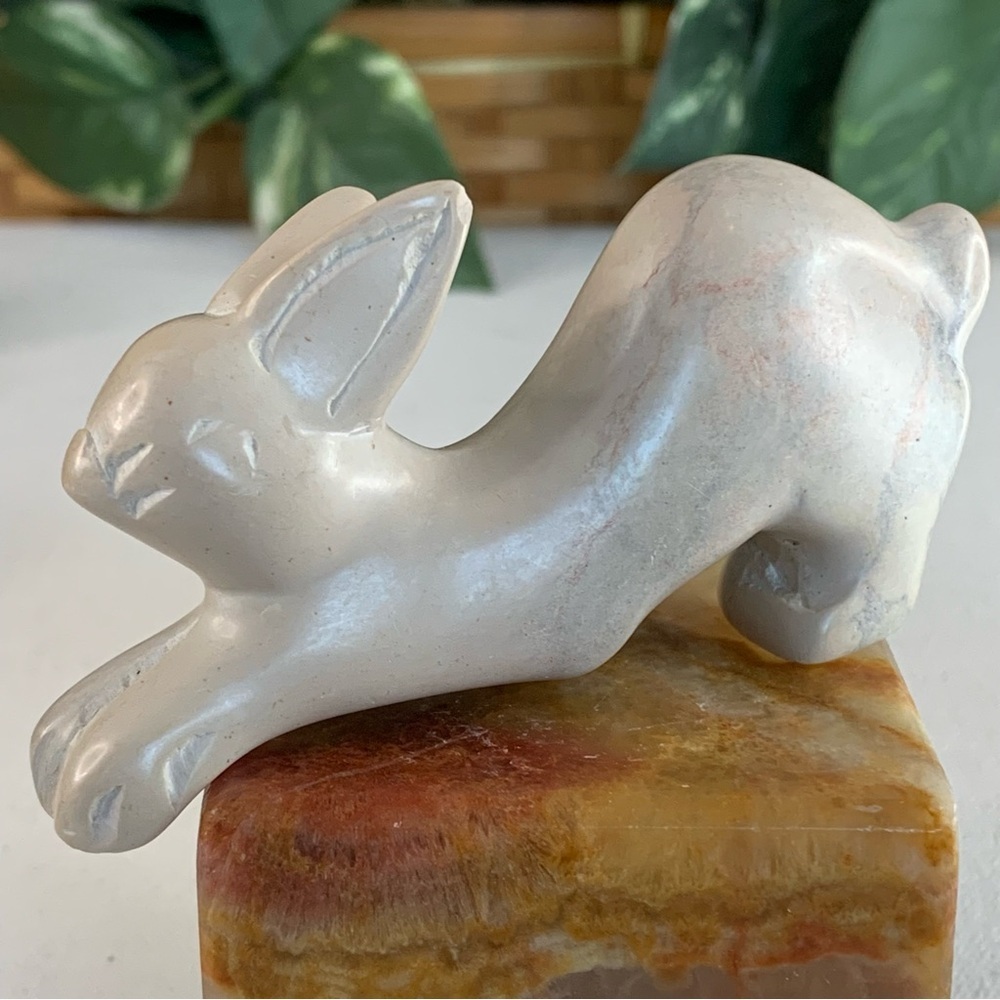 Large Soapstone Carved Rabbit Figurine Stone Bunny Carving Animal Figure 3.8"